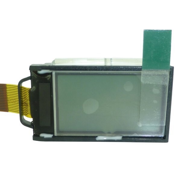 LCD module with side exiting flexible flat multipin ribbon connector and green screen protector tab on a white background