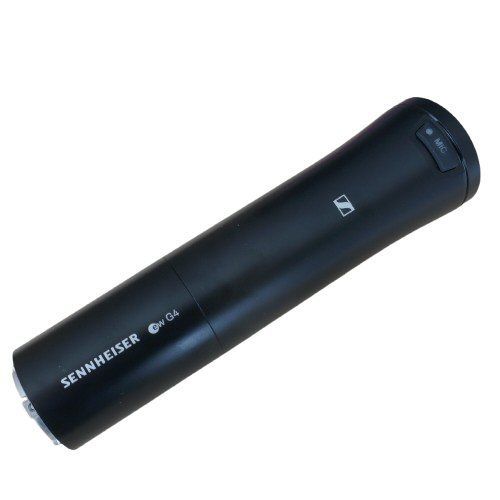 Black conical tapered microphone grip body with printed  text Sennheiser ew G4 and switch button mic at widest end 