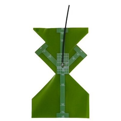 Upright green pcb with zig-zag edge and profile of a bishop chess piece. A single black cable attaches to the centre point.