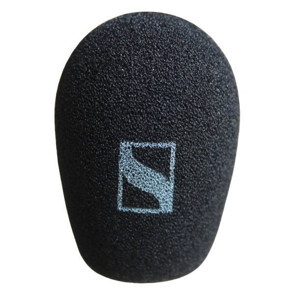 Front view of a black mic foam windshield with a stylised Sennheiser Logo on a white background
