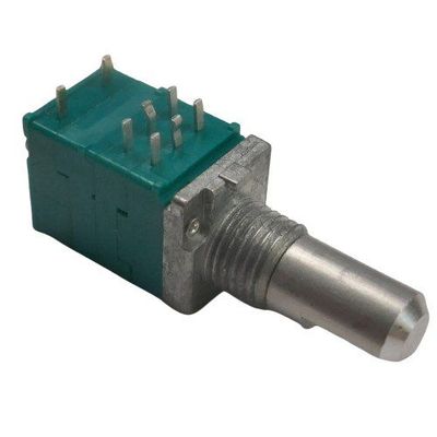 solder tags on top of a square edged green plastic case with a metal shaft and threaded stem section variable potentiometer 