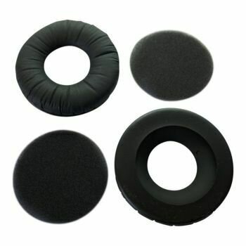 Sennheiser pair of black round earcushions and foam infills for HD25 headphones on a white background