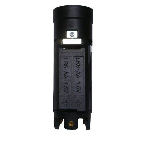 Black cylindrical molded section with cutaway for a battery compartment with label for two AA 1.5V against a white background