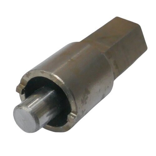 Metal wrench tool with protruding solid round central bar and two locking points on an outer metal tube on a white background