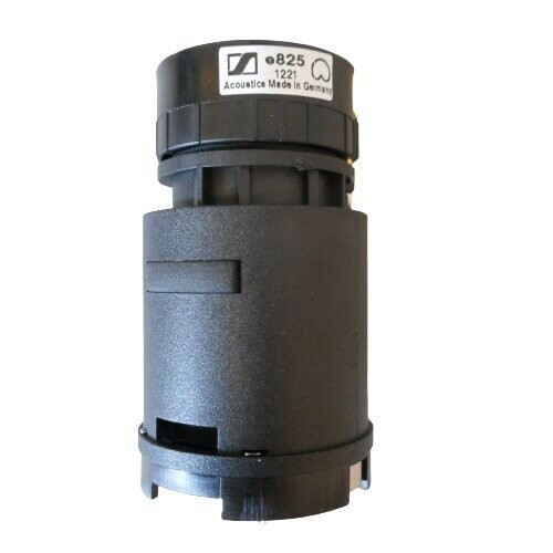 Sennheiser plastic complex cylindrical black housing with e825 mic capsule set on top section on a white background