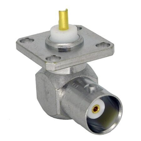 Metal alloy right angled bnc with mounting plate with four holes and solder connection point on a white background