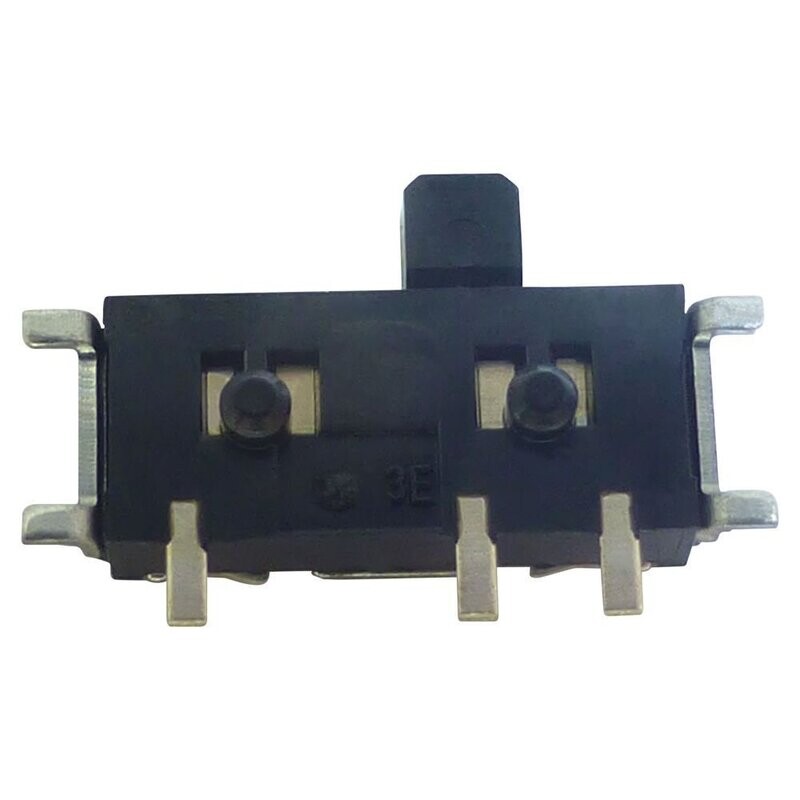 Sennheiser Black SMD slide switch with metal contacts for PCB around edge on a white background