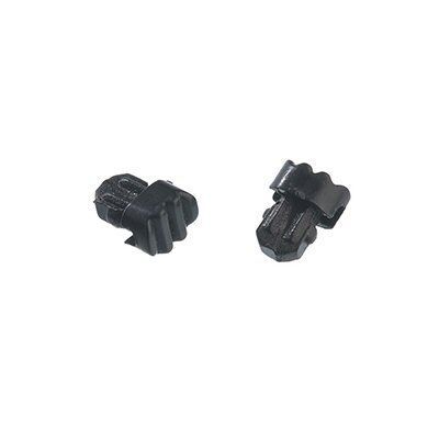 Two black molded switches with 
striated groove finger plates on a white background 