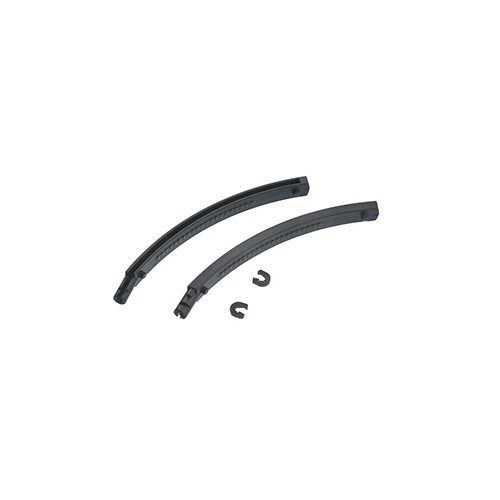 Two black curved endpieces for a headphone headband with two small plastic "U" shaped clips on a white background