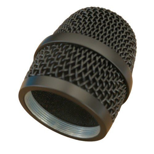angled  view showing internal thread internal foam of a black Sennheiser mic basket on a white background