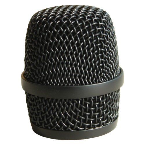 Black Sennheiser handheld wire mesh mic basket with a central band around circumference against a white background