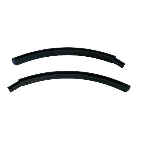 Two black headband ratchet plates for holding seaker capsules and adjusting the over the head length of the band