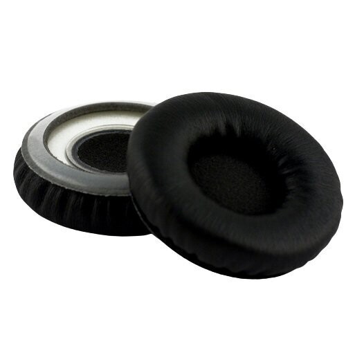 Pair of black Sennheiser ear cushion one at angle on top of the other showing both front and rear on a white background