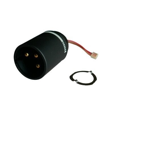 XLR3M audio connector in back housing with securing ring and flying connection lead to a PCB on a white background