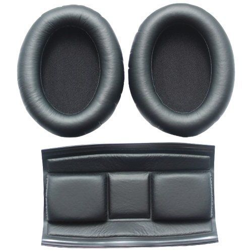 Two black oval foam ear cushions and a headband pad for Sennheiser headphones