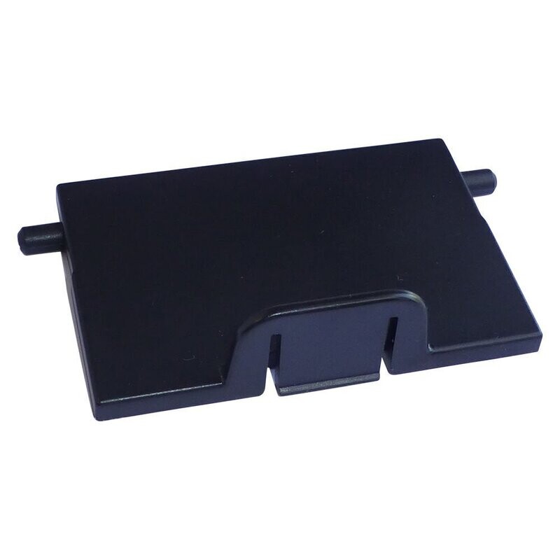 Black plastic molded rectangular plate with two rear pivot sections and a front upright catch on a white background 