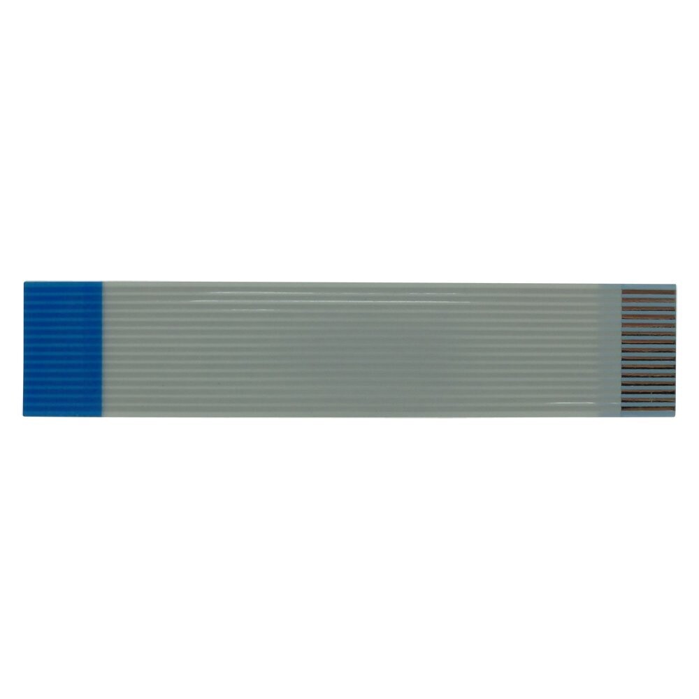 Grey electrical ribbon cable with fifteen conductors and blue coloured connection area at each end on a white background