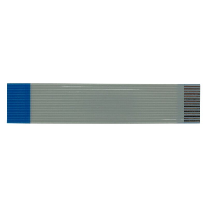 Grey electrical ribbon cable with fifteen conductors and blue coloured connection area at each end on a white background