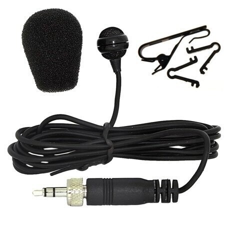 Black Sennheiser ME4 lavalier style personal microphone with 3.5mm threaded jack connector mic foam and mic clip on white 