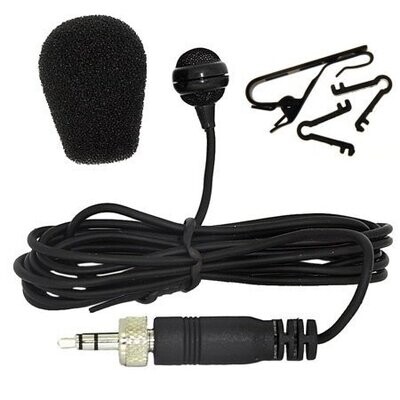 Black Sennheiser ME4 lavalier style personal microphone with 3.5mm threaded jack connector mic foam and mic clip on white 