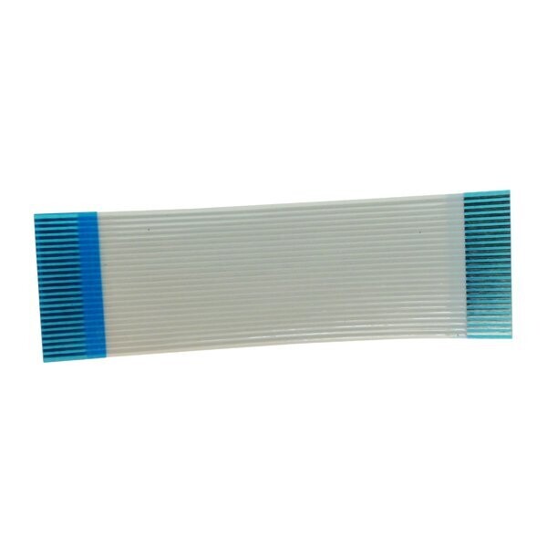 Grey electrical twenty four silvery track ribbon cable with blue section at one end on a white background