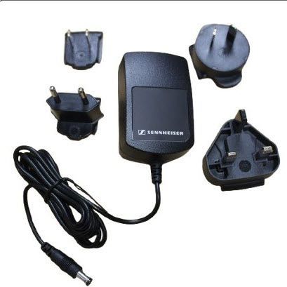 NT 12-10BW Power Adapter EPOS TeamConnect (LAST ONE) Sennheiser black encapsulted plug socket AC DC adapter with four regional faceplate options beside it on white background