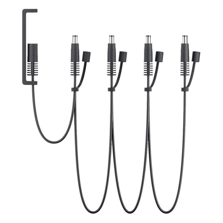 A cascaded Sennheiser DC power cable with one in-line input socket on the left and four cascaded DC outputs to it's right