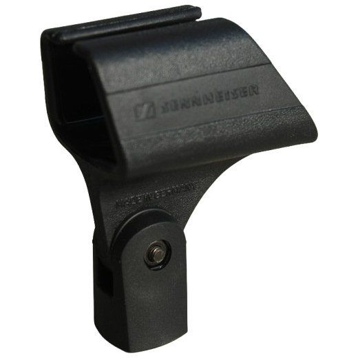 Sennheiser molded black Mic Clamp with profiled edges for an MD 441 microphone on top a mic stand bracket on white background