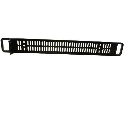 Black metal grill strip for rack mounting equipment with angle barcket and symmetrical fitting holes on a white background