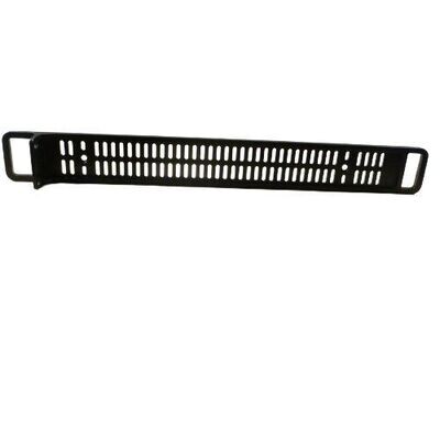 Black metal grill strip for rack mounting equipment with angle barcket and symmetrical fitting holes on a white background