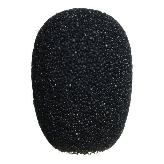 Small black round foam windscreen for a Sennheiser Lavalier microphone on a white background