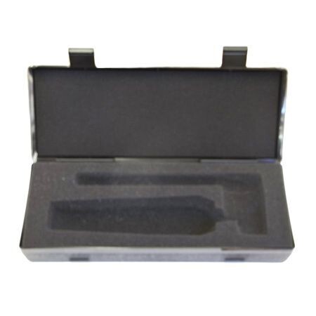 Plastic case showing lid open with two plastic clips and internal foam with cut-outs for Sennheiser MKH 416 mic and foam
