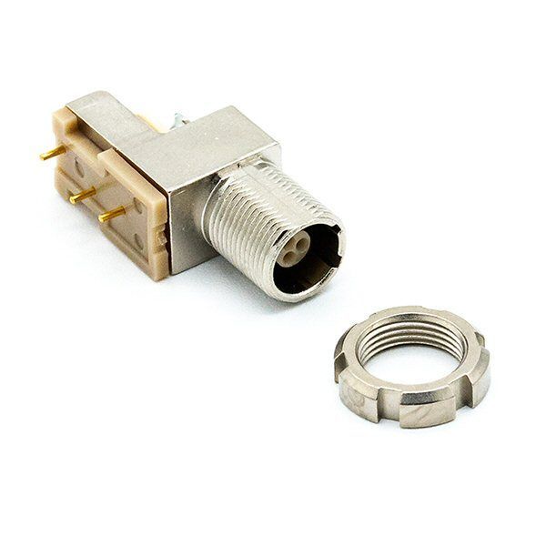 Right angled metal bracket with upright contact pins and forward facing Lemo 3 pin socket with threaded chassis locking nut