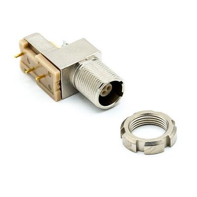 Right angled metal bracket with upright contact pins and forward facing Lemo 3 pin socket with thre…
