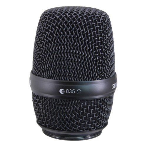 Black Sennheiser MMD 835 capsule in wire mesh basket with e835 markings and a cardiod polar diagram external thread showing