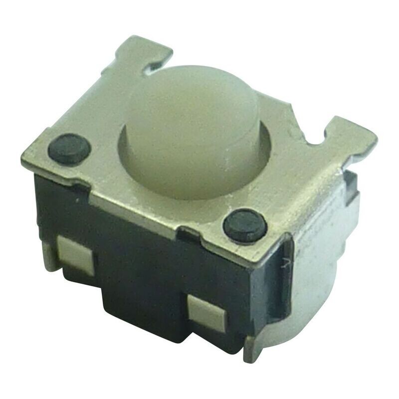 Sennheiser SMD switch with central plastic cylinder shape in metal top housing encapsulated in black plastic white background