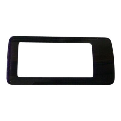 Flat black plastic oblong panel with rounded corners housing an internal clear perspex screen cover for Sennheiser bodypack  