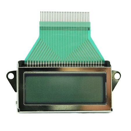 Sennheiser LCD module with top exiting flexible flat multipin ribbon connector and two mounting holes on a white background
