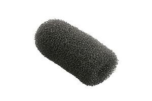 Small elongated black foam windscreen for Sennheiser MKE2 mic on a white background 