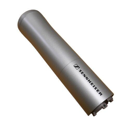 Sennheiser nickel coloured hollow cylindrical mic grip for SKM5200 on a white background  