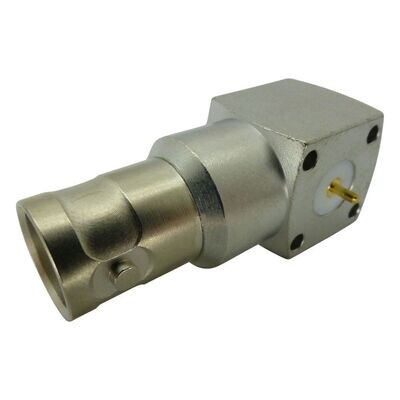 Silver coloured b.n.c. socket with specific panel mount fitting for a Sennheiser A 1031-U antenna on a white background