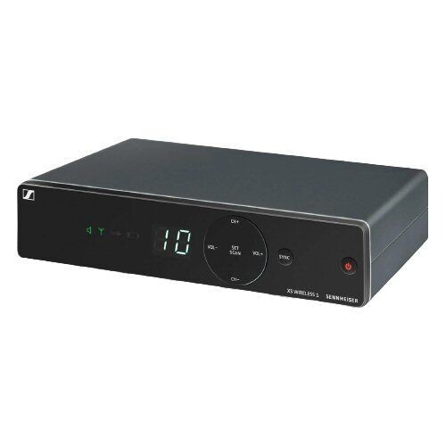 Sennheiser wireless mic receiver unit half rack width black  grey display reads "10" on a white bac…