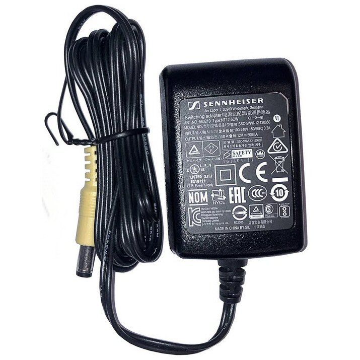 NT 12-5 CW+ Power Supply EW-D EM and EM10 Sennheiser black ACDC adapter NT12-5-CW with black flying output lead and yellow DC jack on a white background