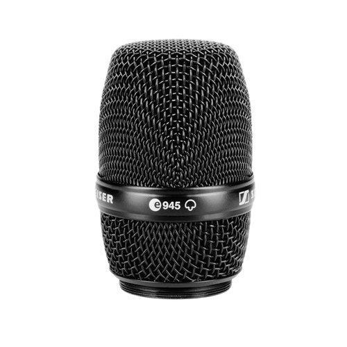 MMD 945-1 Dynamic super cardioid Module with Capsule Black Sennheiser wire mesh mic basket with e945 markings and a cardioid polar diagram on a white background