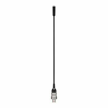 Sennheiser short black whip antenna with silver coloured Lemo connector at one end and a plastic point protection at other 