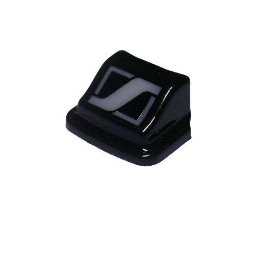 Black molded wedge shape control switch cap with stylised "S" logo of Sennheiser on a white background 