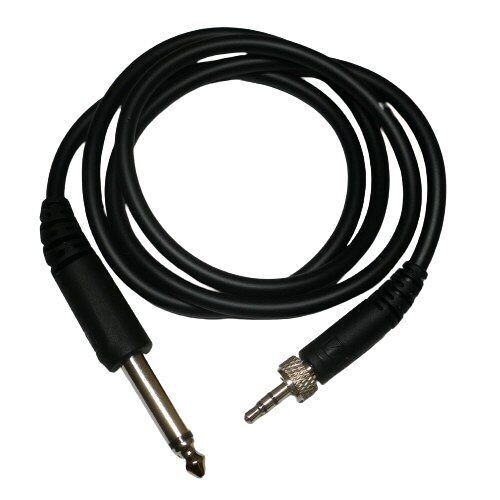 Black Sennheiser cable with a 6.35mm mono jack at one end and a threaded 3.5mm stereo jack at the other end on white 
