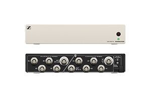 Front view panel of Sennheiser ASA unit and rear view below showing bnc connection for r.f. distribution on white background 