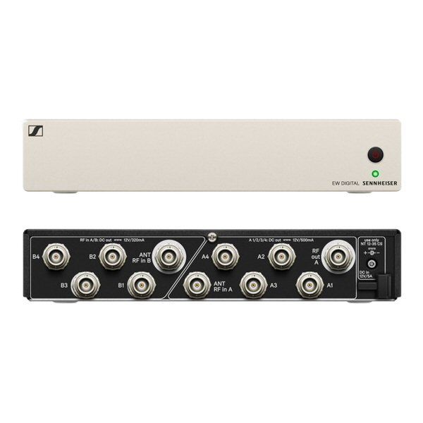 Front view panel of Sennheiser ASA unit and rear view below showing bnc connection for r.f. distribution on white background 