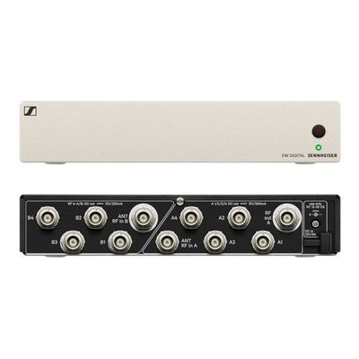 Front view panel of Sennheiser ASA unit and rear view below showing bnc connection for r.f. distribution on white background 